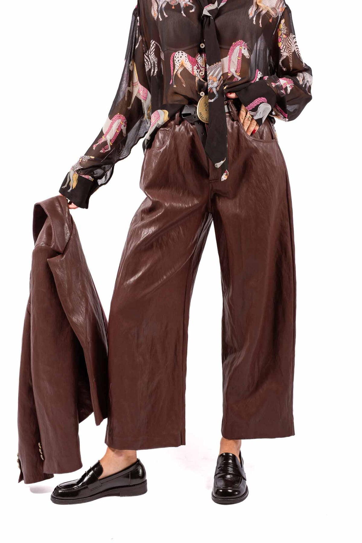 Pantaloni Barrel Fit in Ecopelle Bordeaux con Cintura donna Tensione in - 1