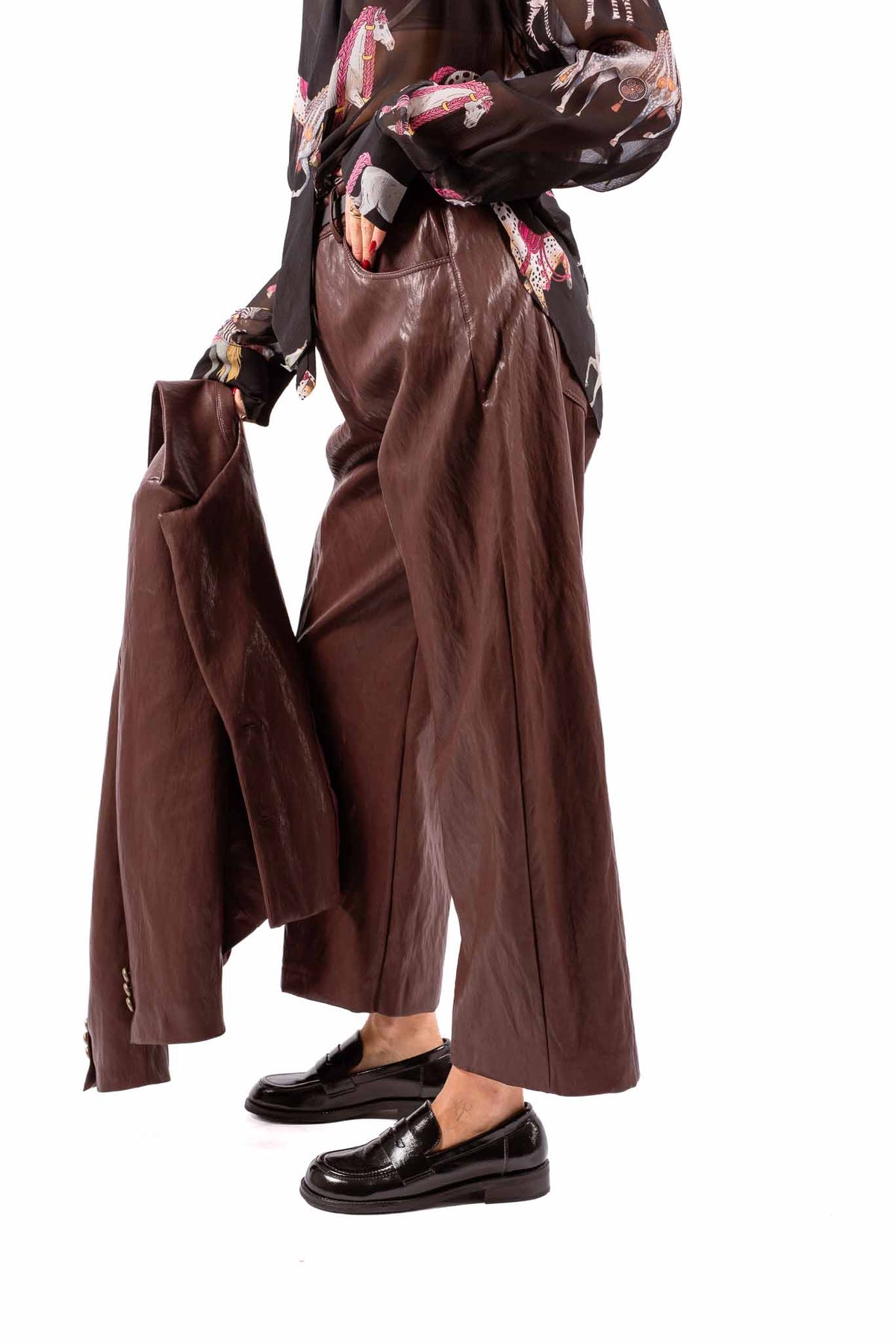 Pantaloni Barrel Fit in Ecopelle Bordeaux con Cintura donna Tensione in - 3