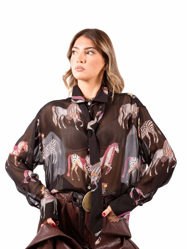 Camicia Chiffon Nero con Stampa e Cravatta Coordinata da donna Tensione in