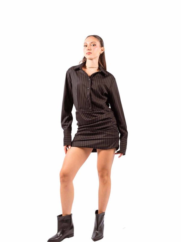 Abito a Camicia Nero Gessato con Drapeggio da donna Tensione in