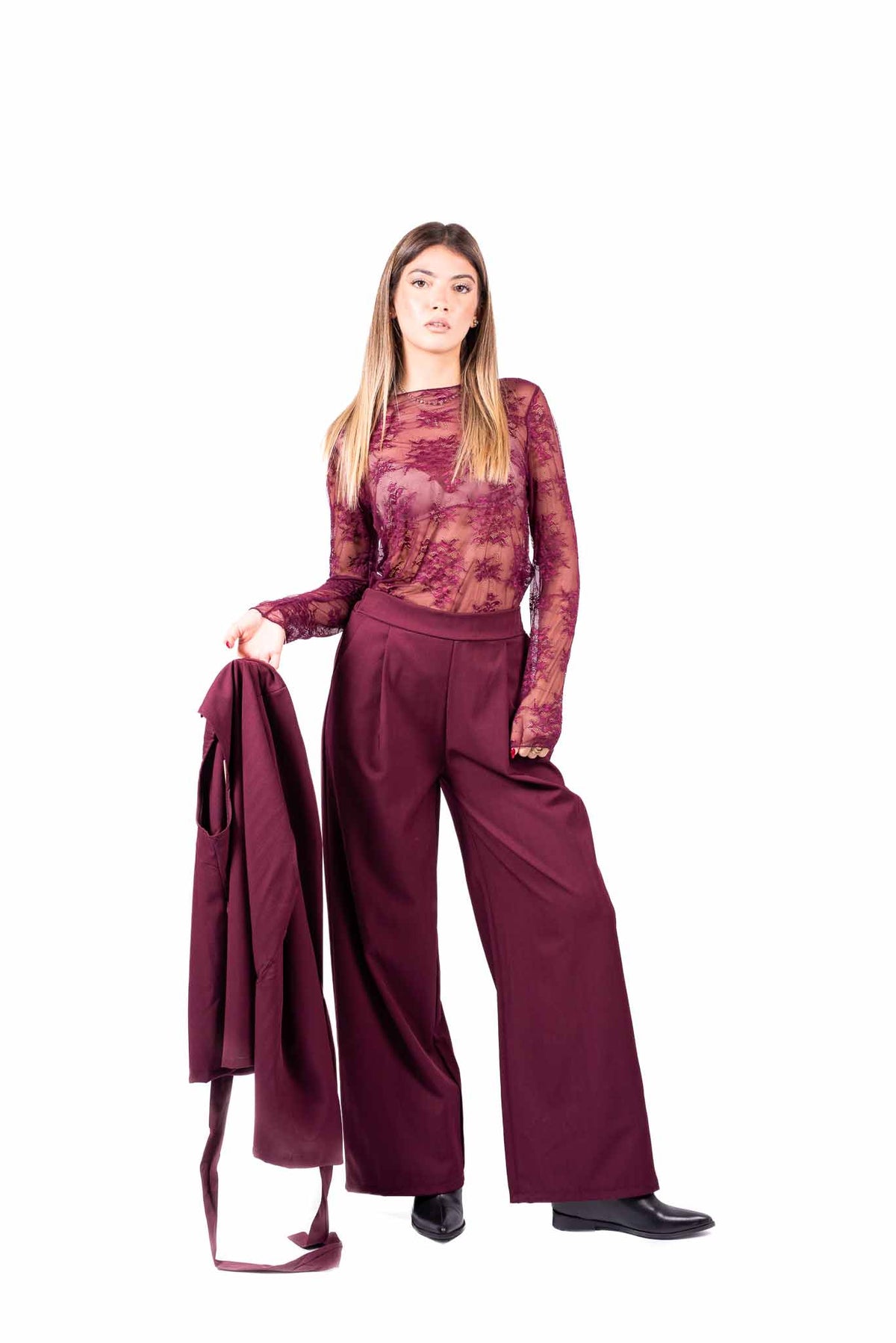 Maglia in Pizzo Bordeaux a Maniche Lunghe donna Miss love - 2