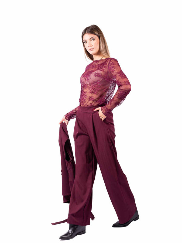 Maglia in Pizzo Bordeaux a Maniche Lunghe da donna Miss love