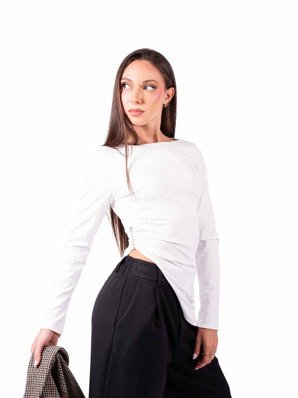 Maglia Bianca in Jersey con Drapeggio e Dettaglio Metallico da donna Miss love