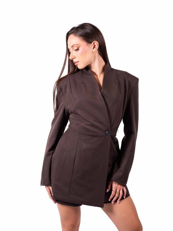 Giacca Cioccolato con Collo Coreano e Chiusura Asimmetrica da donna Miss love