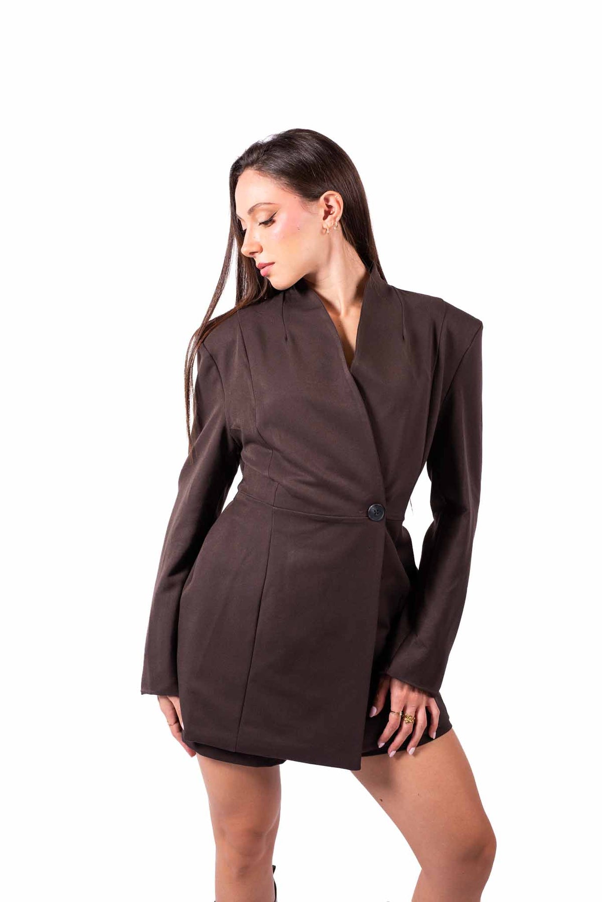 Giacca Cioccolato con Collo Coreano e Chiusura Asimmetrica donna Miss love - 1