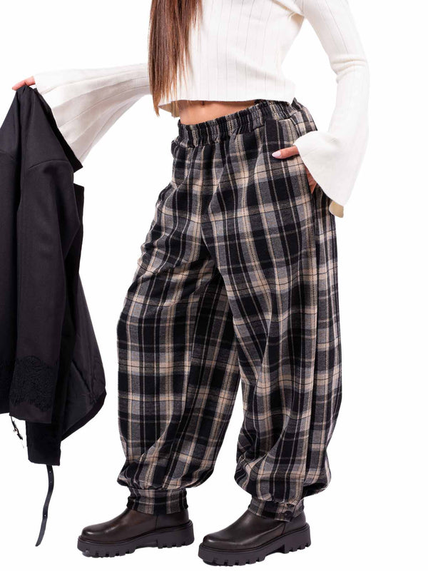 Pantaloni Barrel Fit a Quadri Tartan da donna Miss love