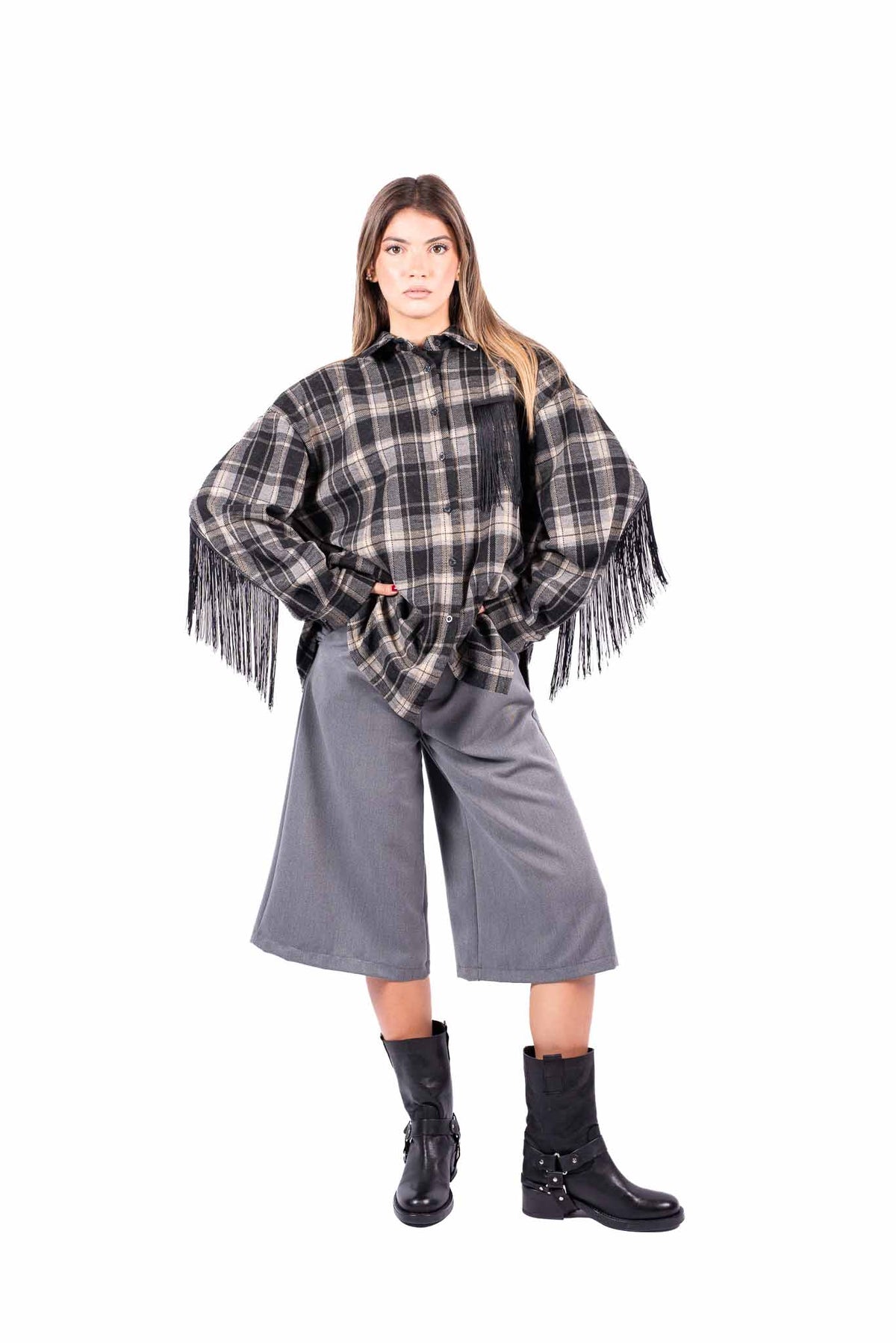 Camicia Oversize a Quadri Tartan con Frange donna Miss love - 3