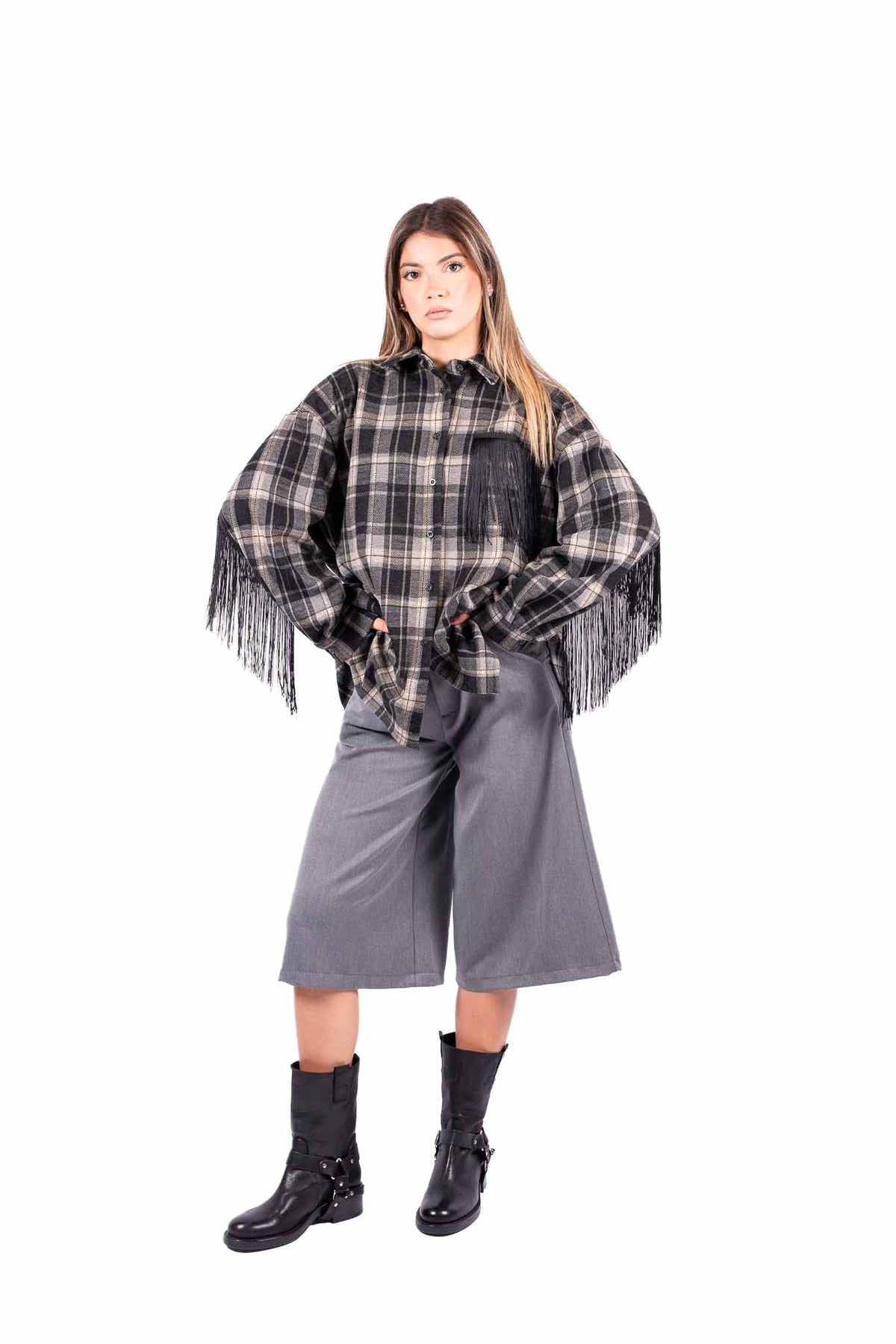 Camicia Oversize a Quadri Tartan con Frange donna Miss love - 5