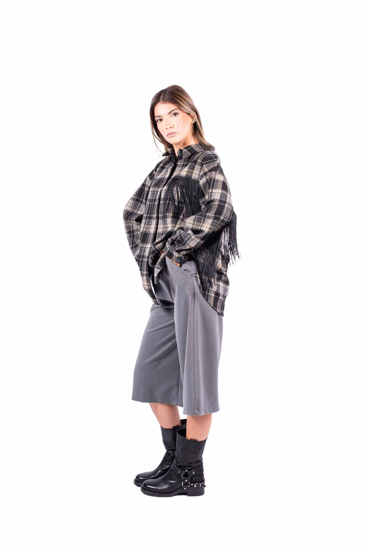 Camicia Oversize a Quadri Tartan con Frange donna Miss love - 6