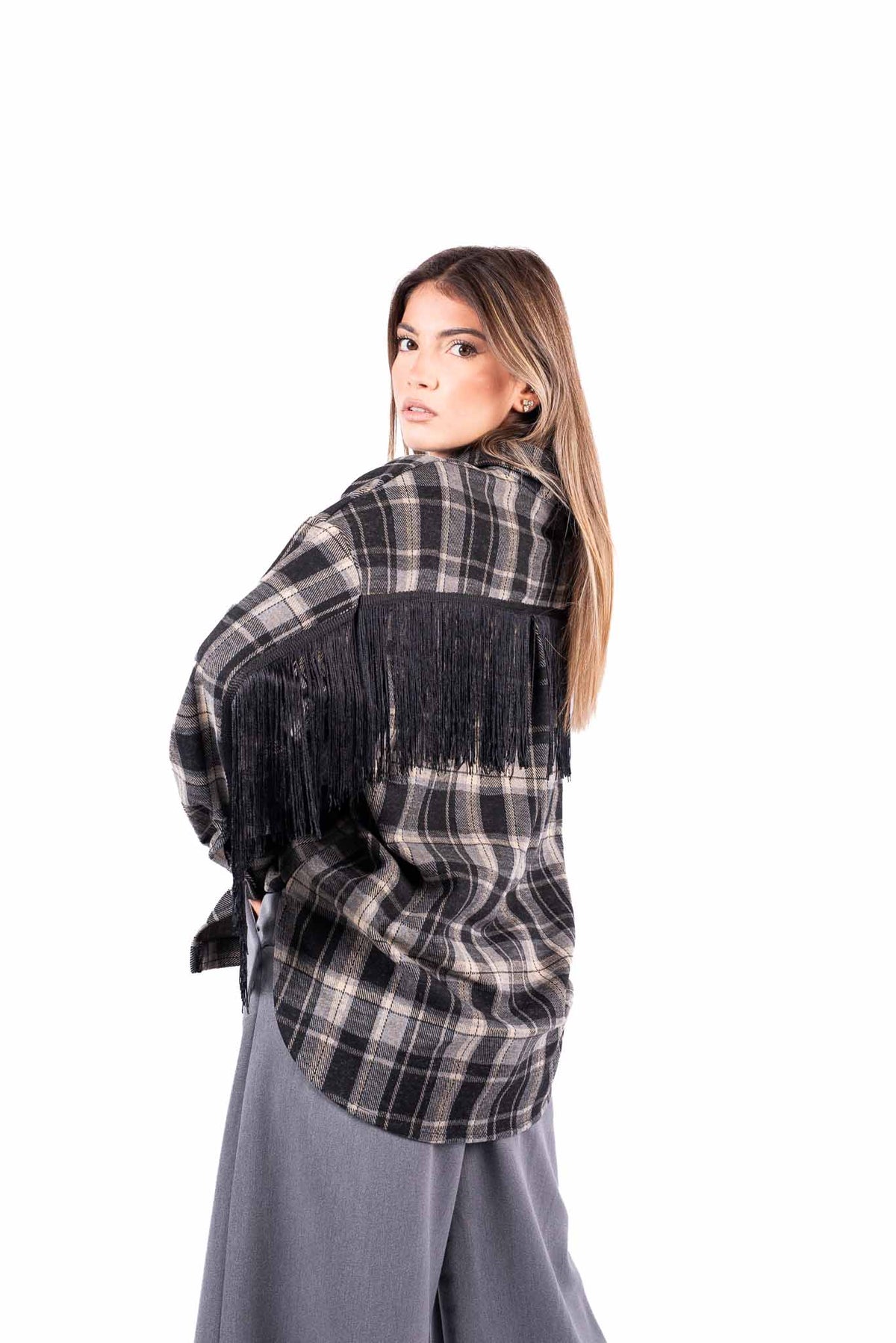 Camicia Oversize a Quadri Tartan con Frange donna Miss love - 2
