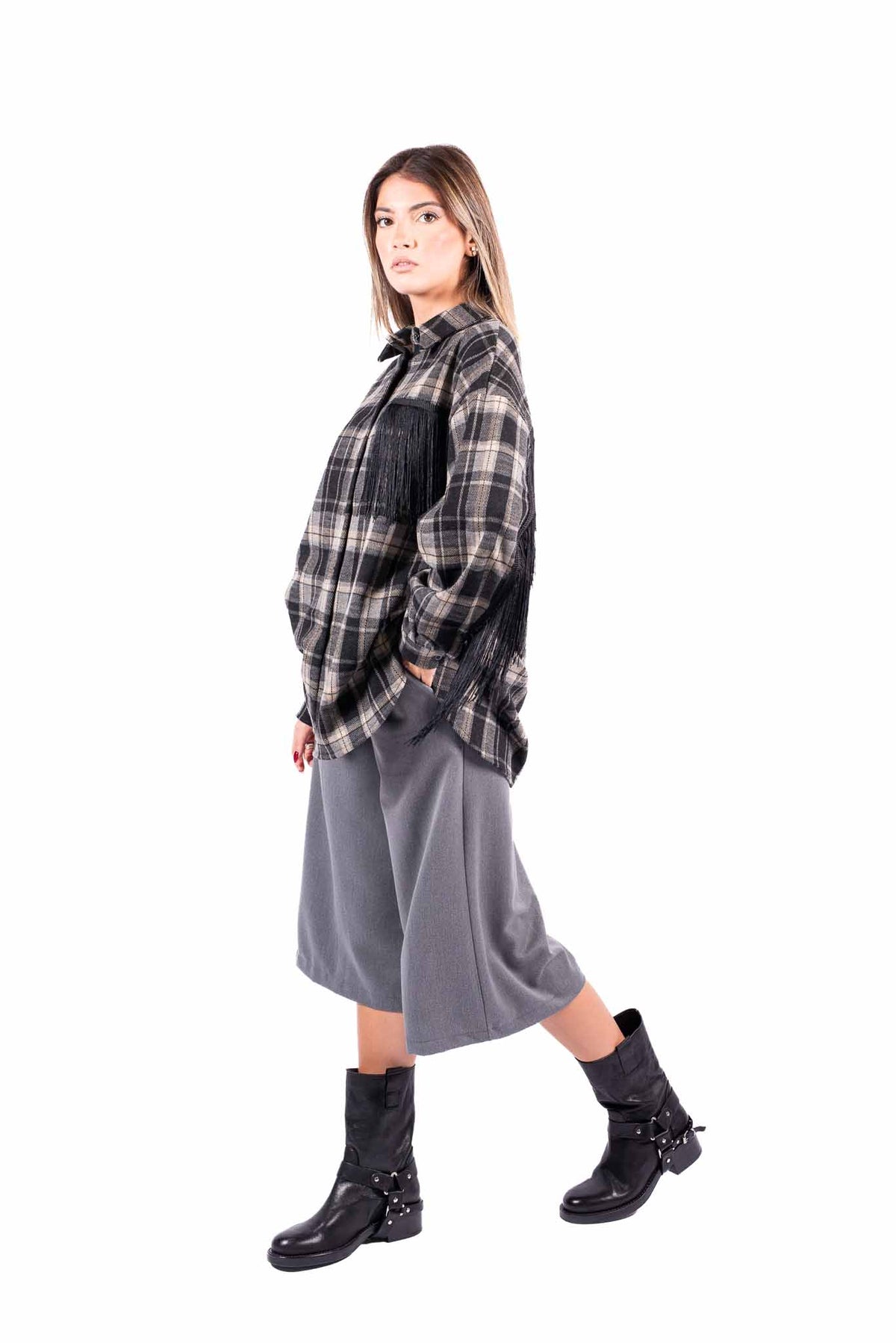 Camicia Oversize a Quadri Tartan con Frange donna Miss love - 4