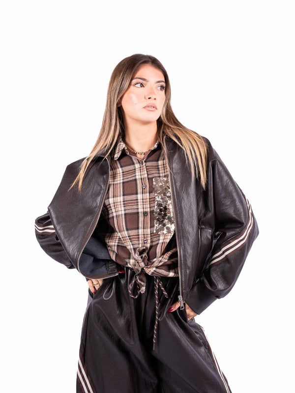 Bomber Oversize in Ecopelle Marrone con Bande da donna Miss love