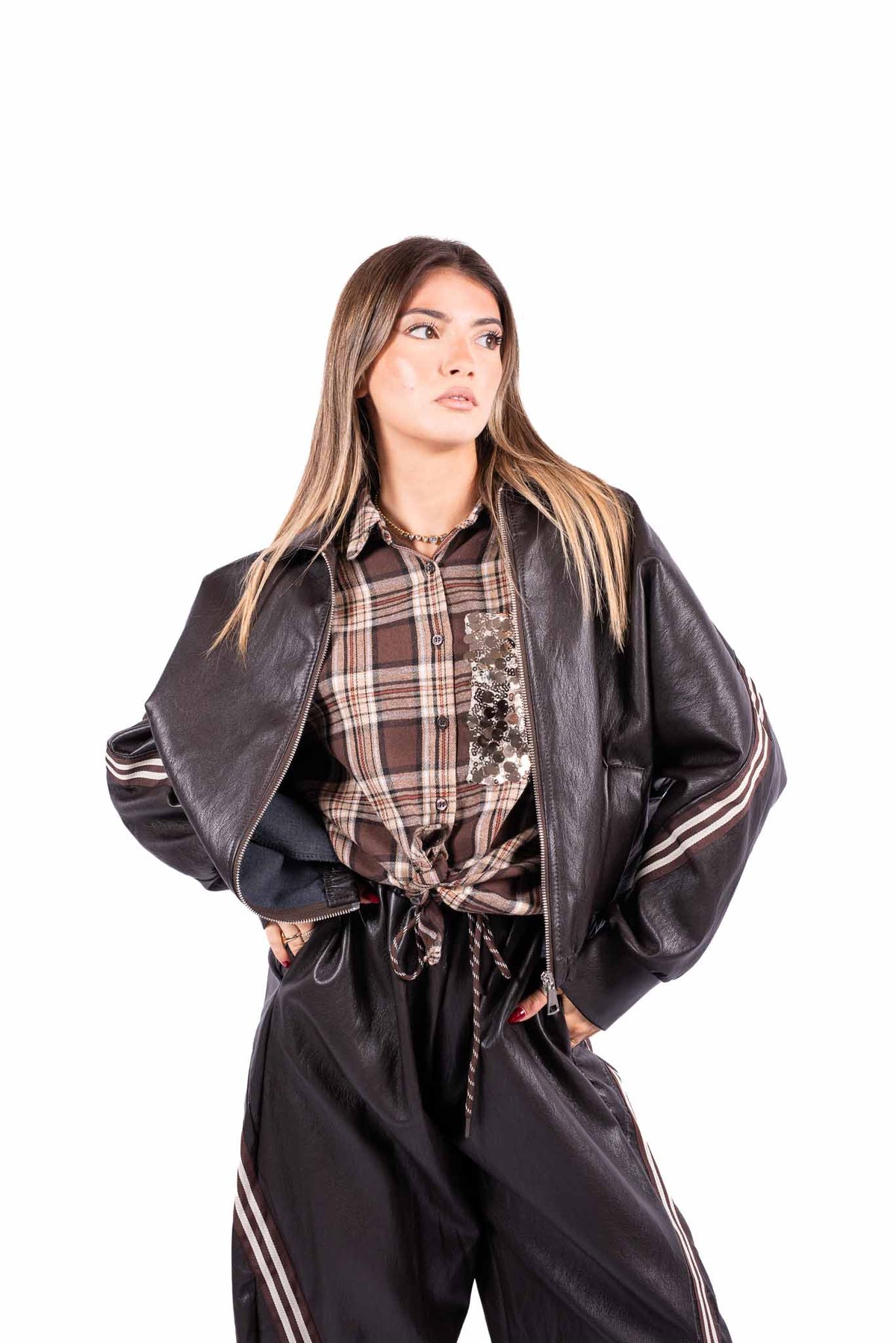 Bomber Oversize in Ecopelle Marrone con Bande donna Miss love - 1