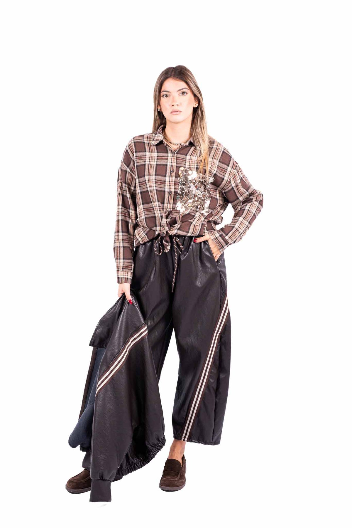 Camicia Quadri Tartan con Taschino Paillettes donna Miss love - 5