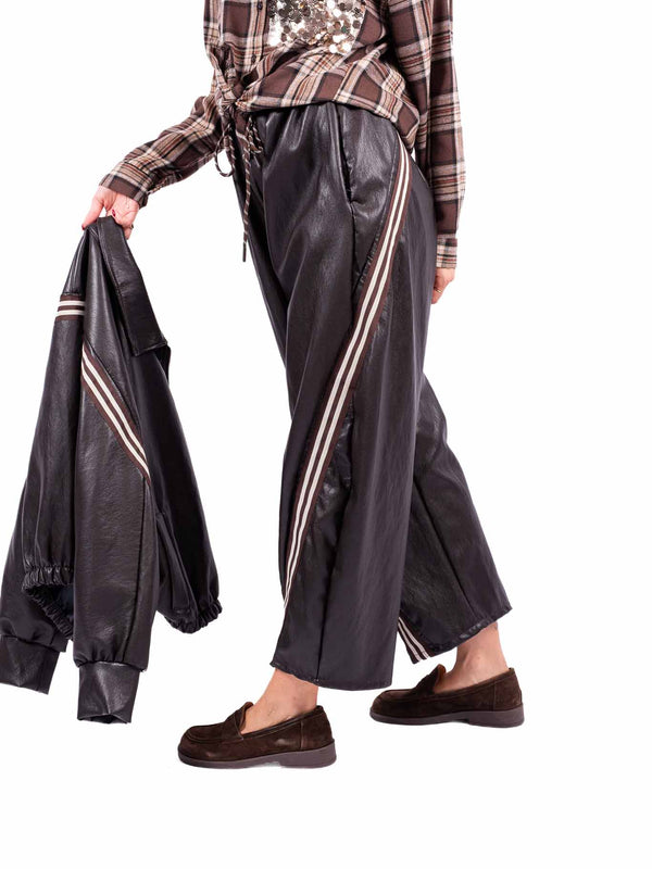 Pantaloni Jogger in Ecopelle Marrone con Bande da donna Miss love