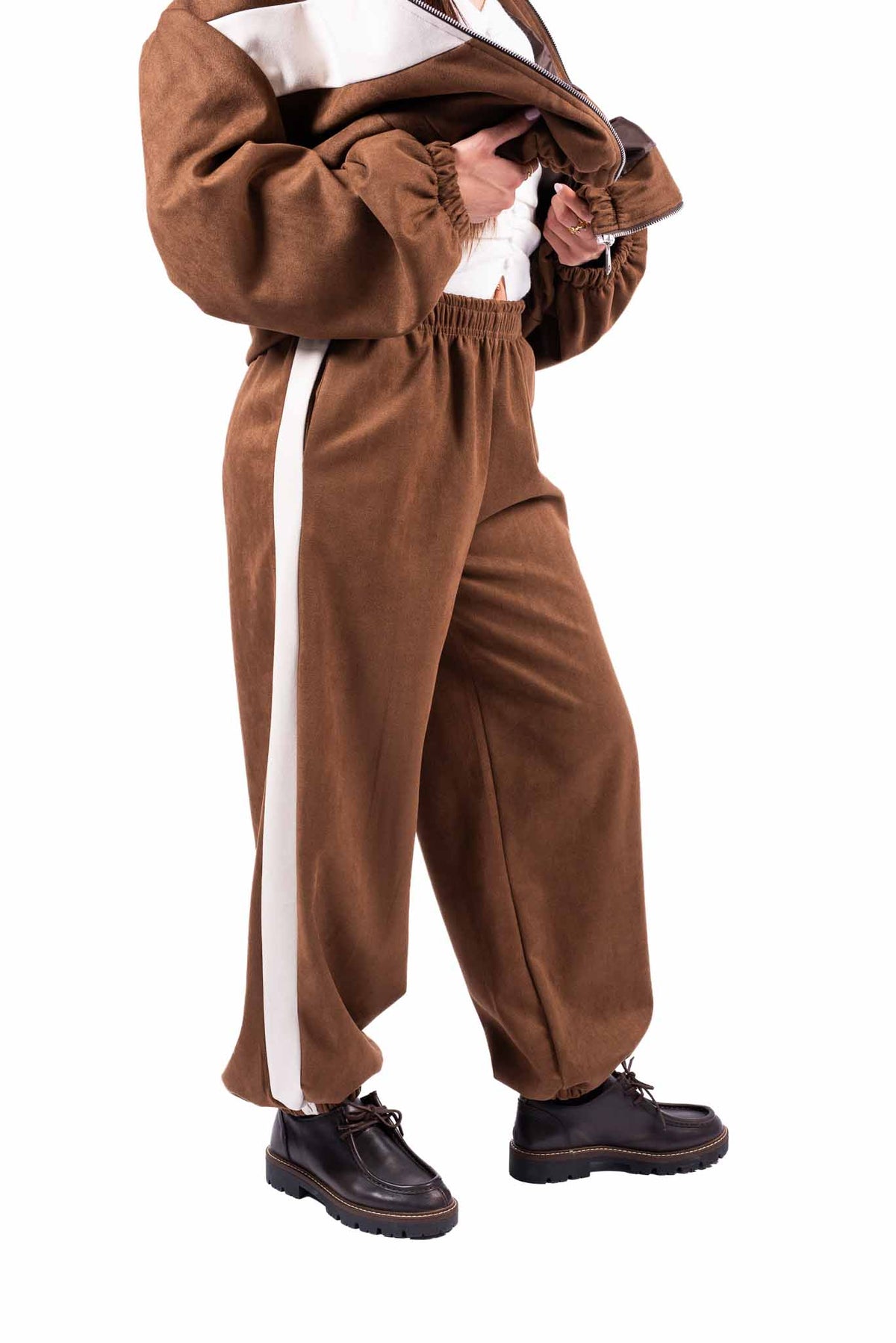 Pantaloni Jogger Scamosciati Tabacco con Banda donna Miss love - 1