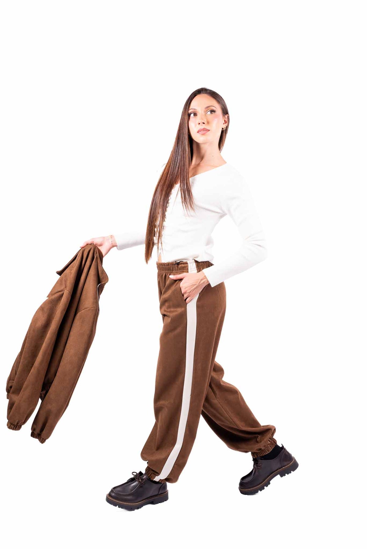 Pantaloni Jogger Scamosciati Tabacco con Banda donna Miss love - 5