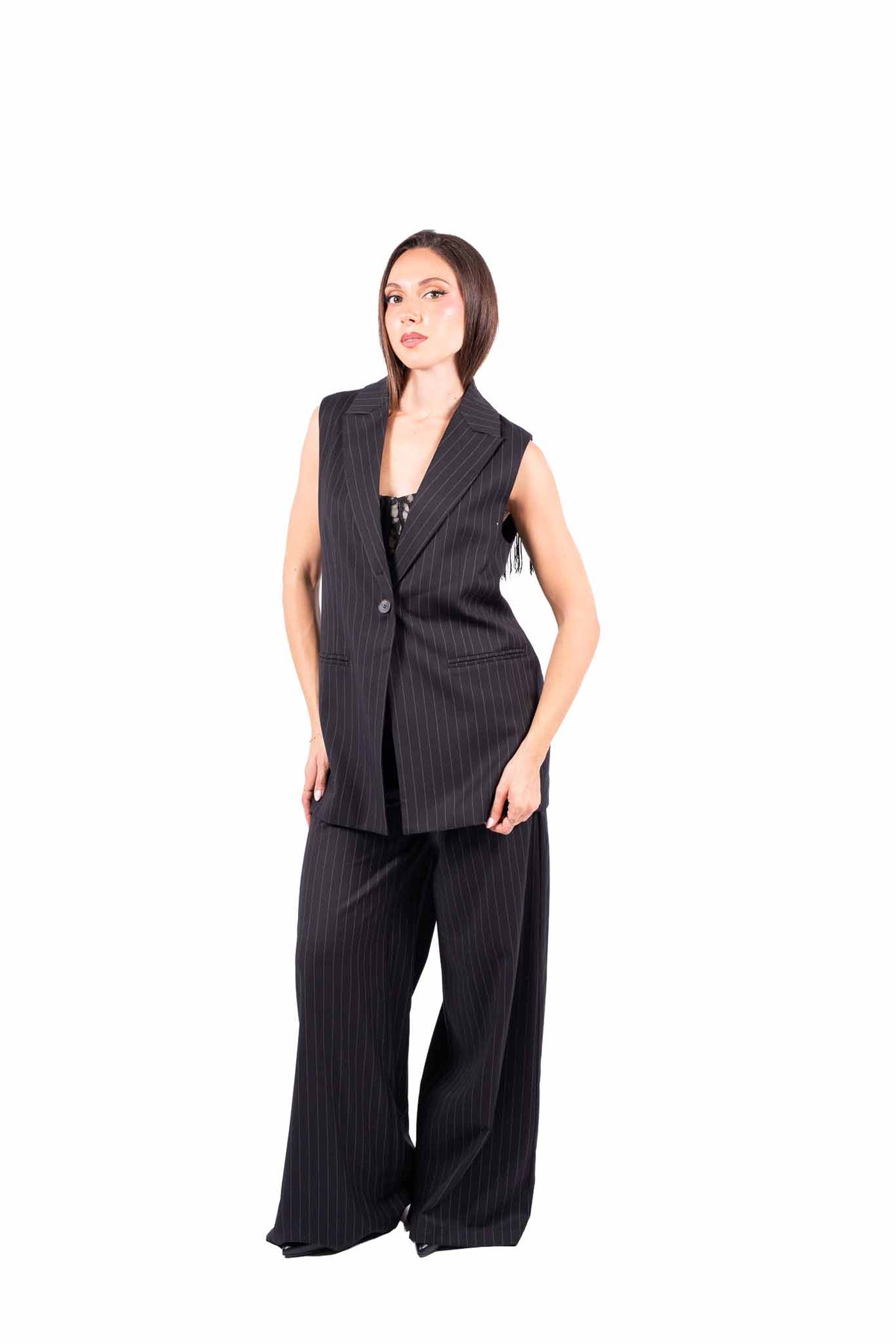 Gilet Nero Gessato con Frange donna Miss love - 1