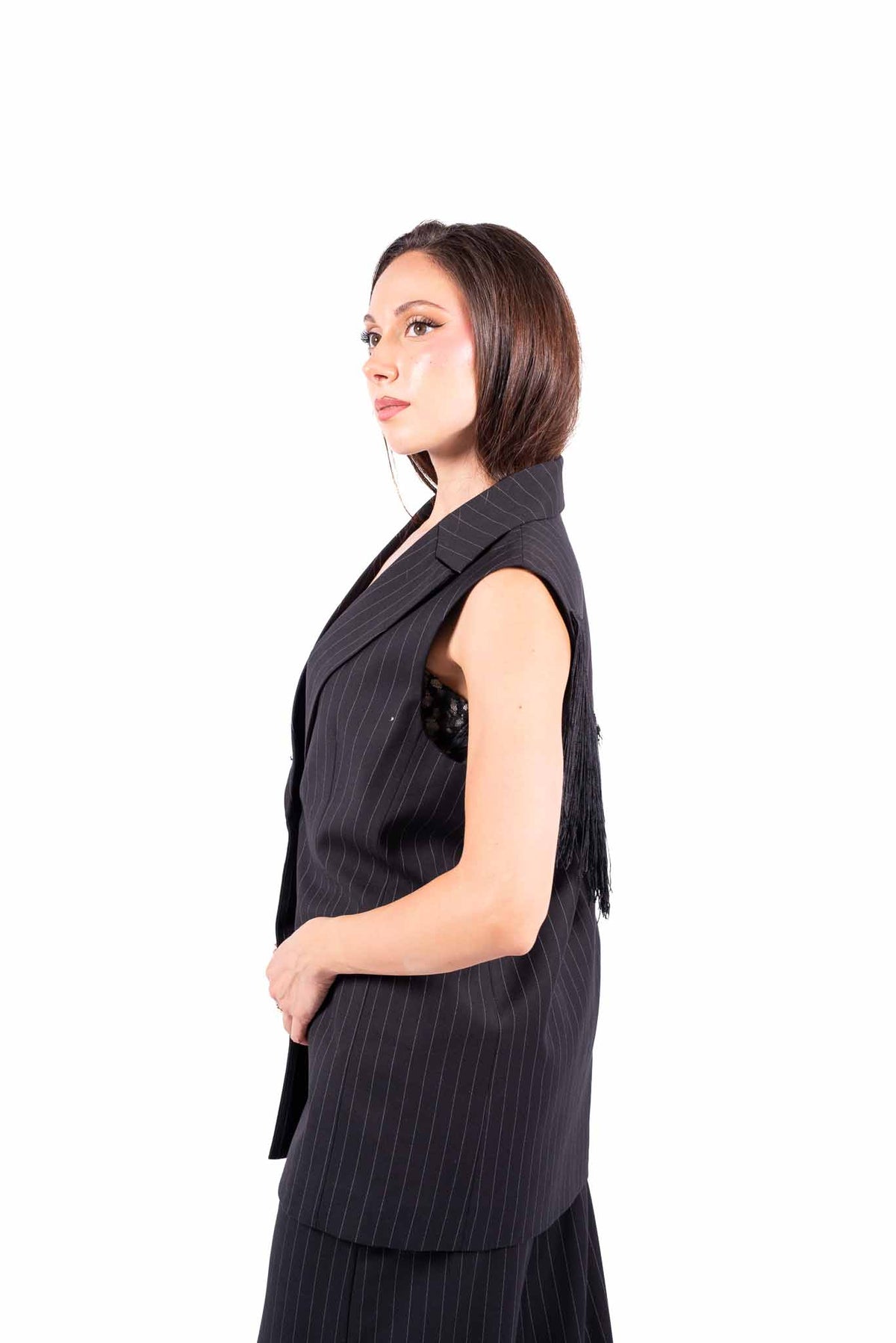 Gilet Nero Gessato con Frange donna Miss love - 5