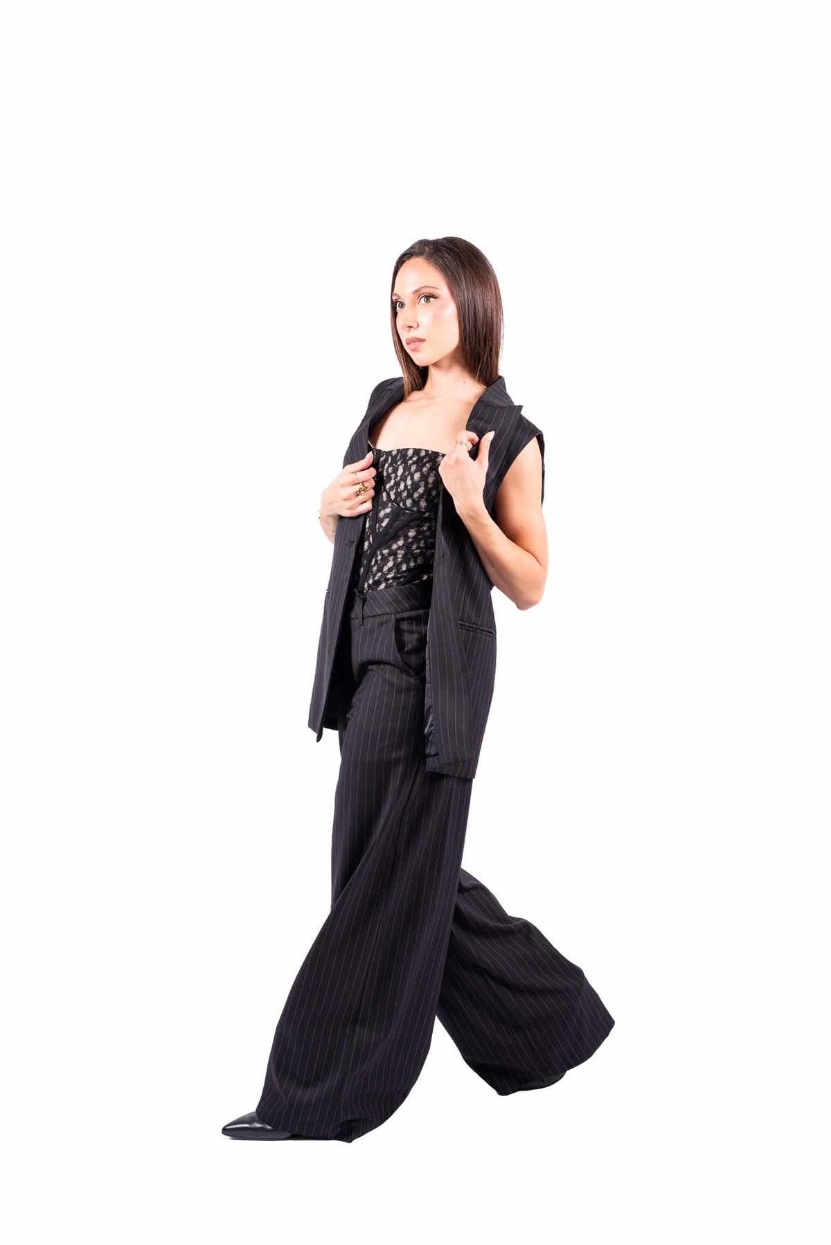 Pantaloni Wide Leg Neri Gessati donna Miss love - 5