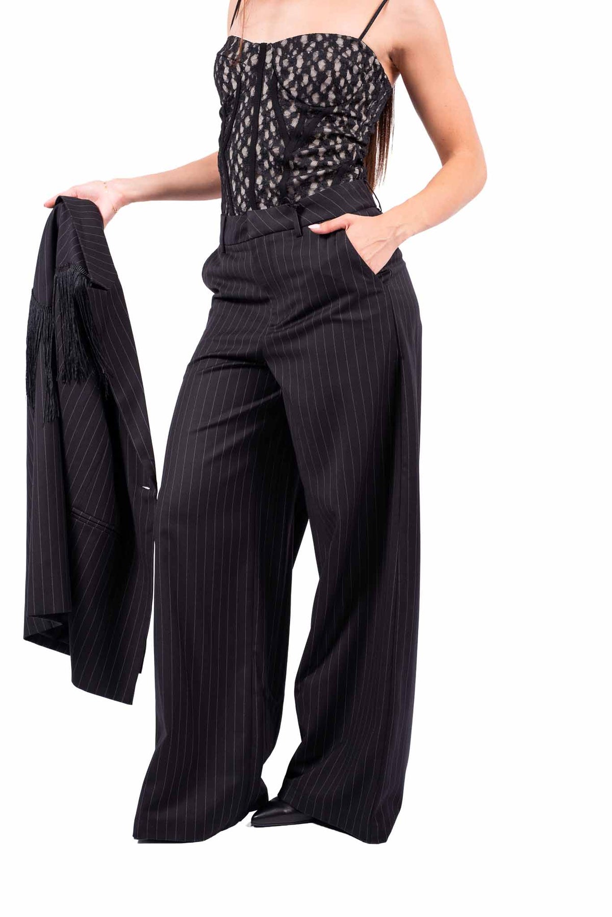 Pantaloni Wide Leg Neri Gessati donna Miss love - 3