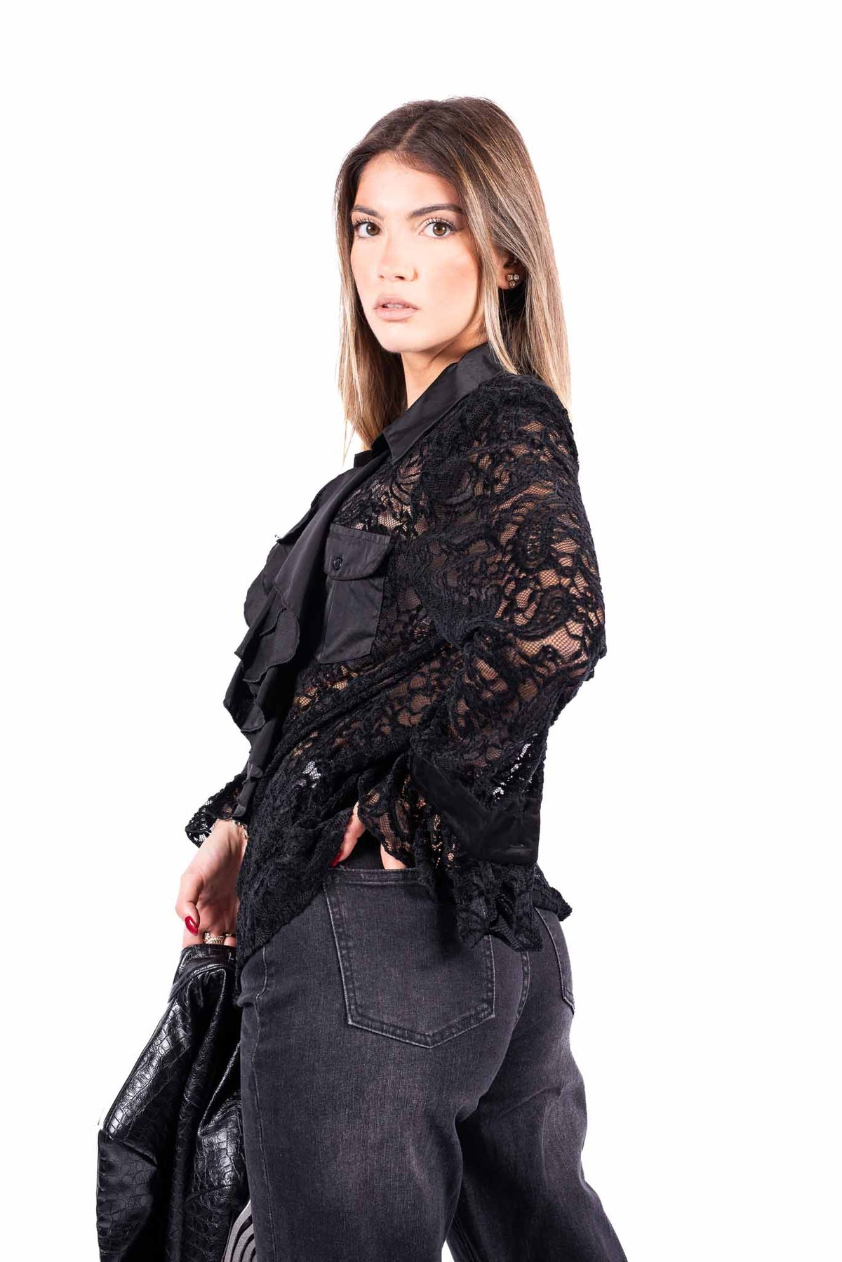 Camicia in Pizzo Trasparente Nera con Ruches donna Miss love - 2
