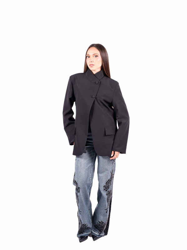 Blazer Nero Sartoriale con Allacciatura Asimmetrica da donna Miss love