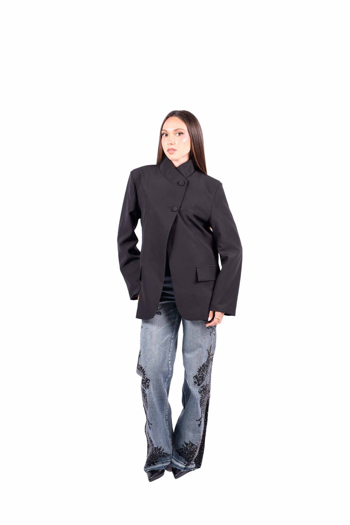 Blazer Nero Sartoriale con Allacciatura Asimmetrica donna Miss love - 1