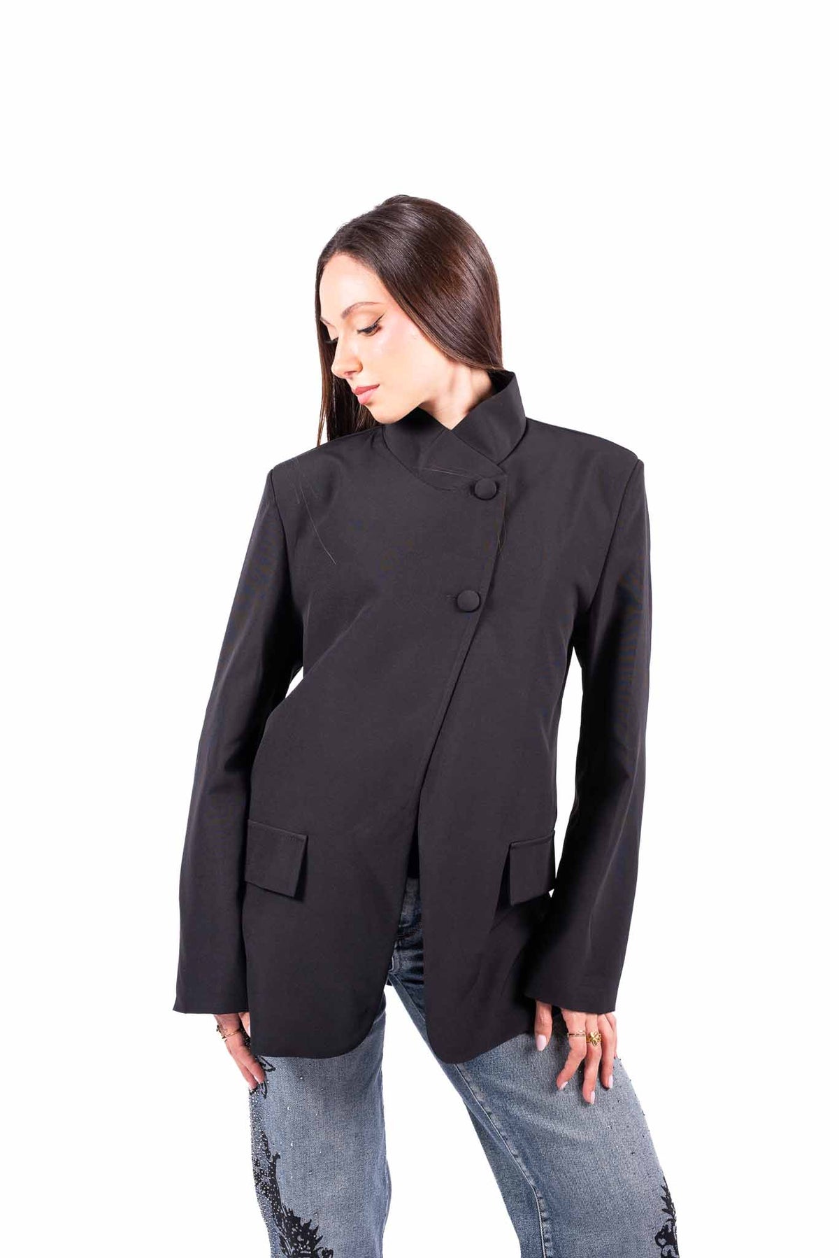 Blazer Nero Sartoriale con Allacciatura Asimmetrica donna Miss love - 6