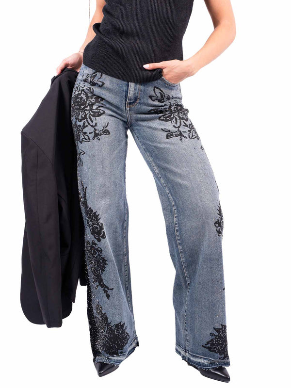 Jeans Wide Leg con Stampe Floreali e Applicazioni Strass da donna Miss love