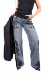 Jeans Wide Leg con Stampe Floreali e Applicazioni Strass donna Miss love - 1