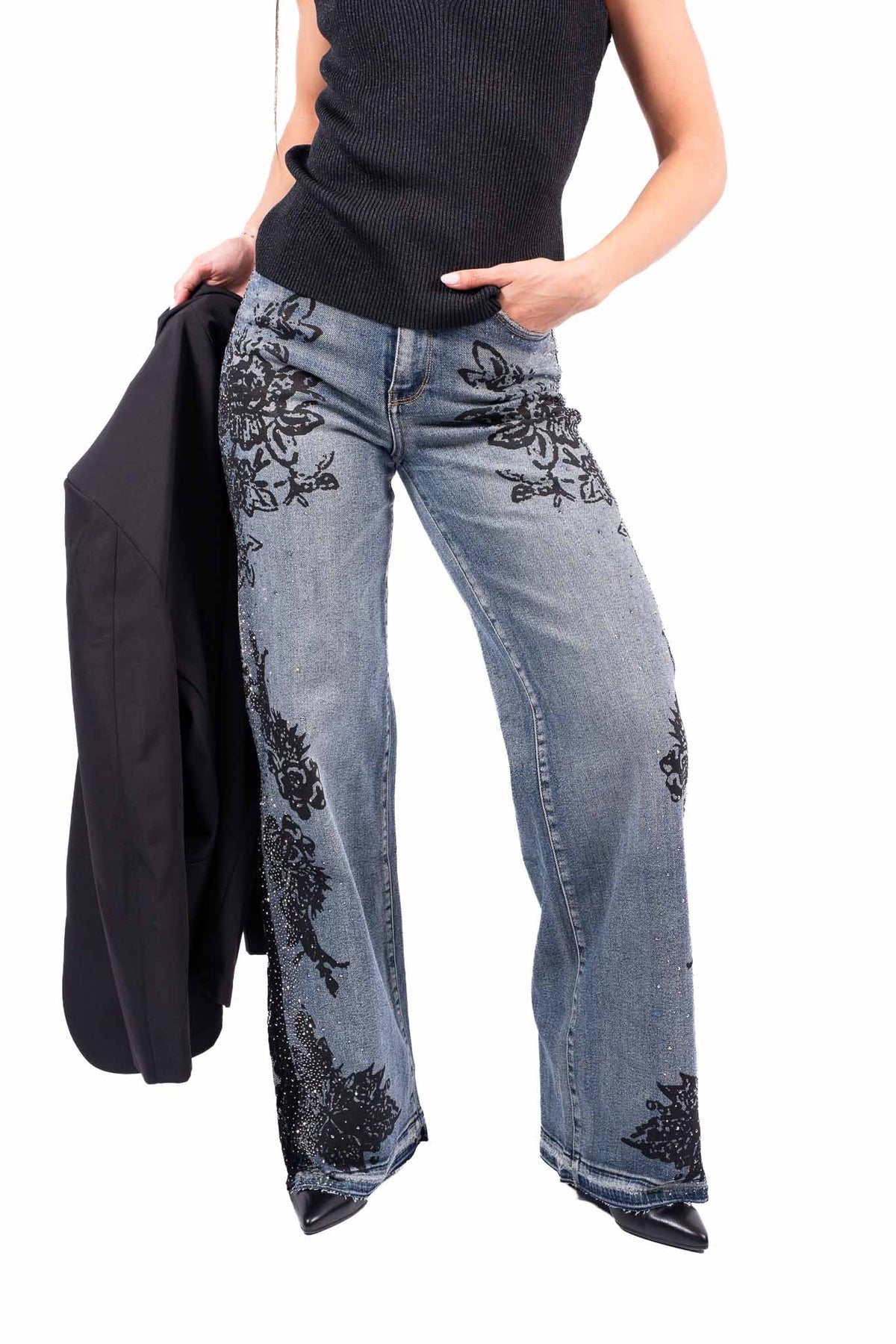 Jeans Wide Leg con Stampe Floreali e Applicazioni Strass donna Miss love - 1