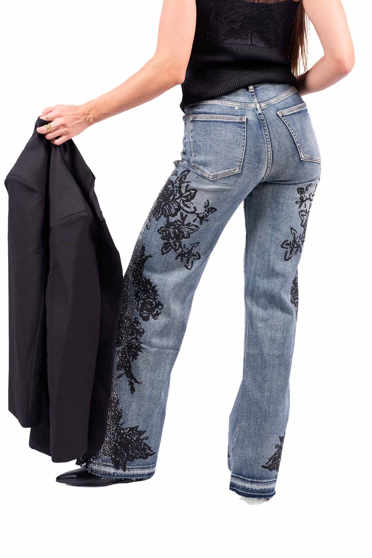 Jeans Wide Leg con Stampe Floreali e Applicazioni Strass donna Miss love - 2