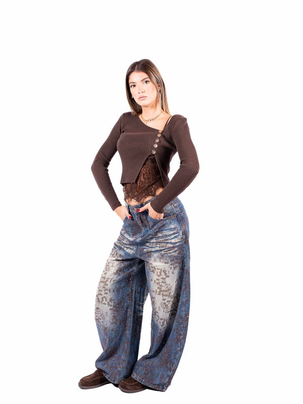 Jeans Barrel Fit con Effetto Degradè e Micro Strass da donna Miss love