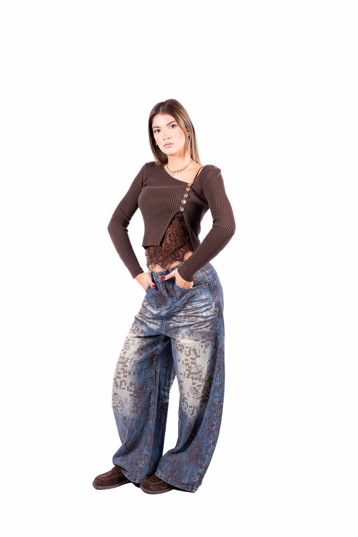 Jeans Barrel Fit con Effetto Degradè e Micro Strass donna Miss love - 1