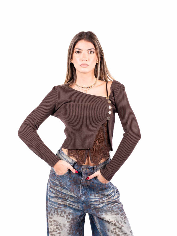 Maglia Asimmetrica Crop Cioccolato con Bottoni da donna Miss love