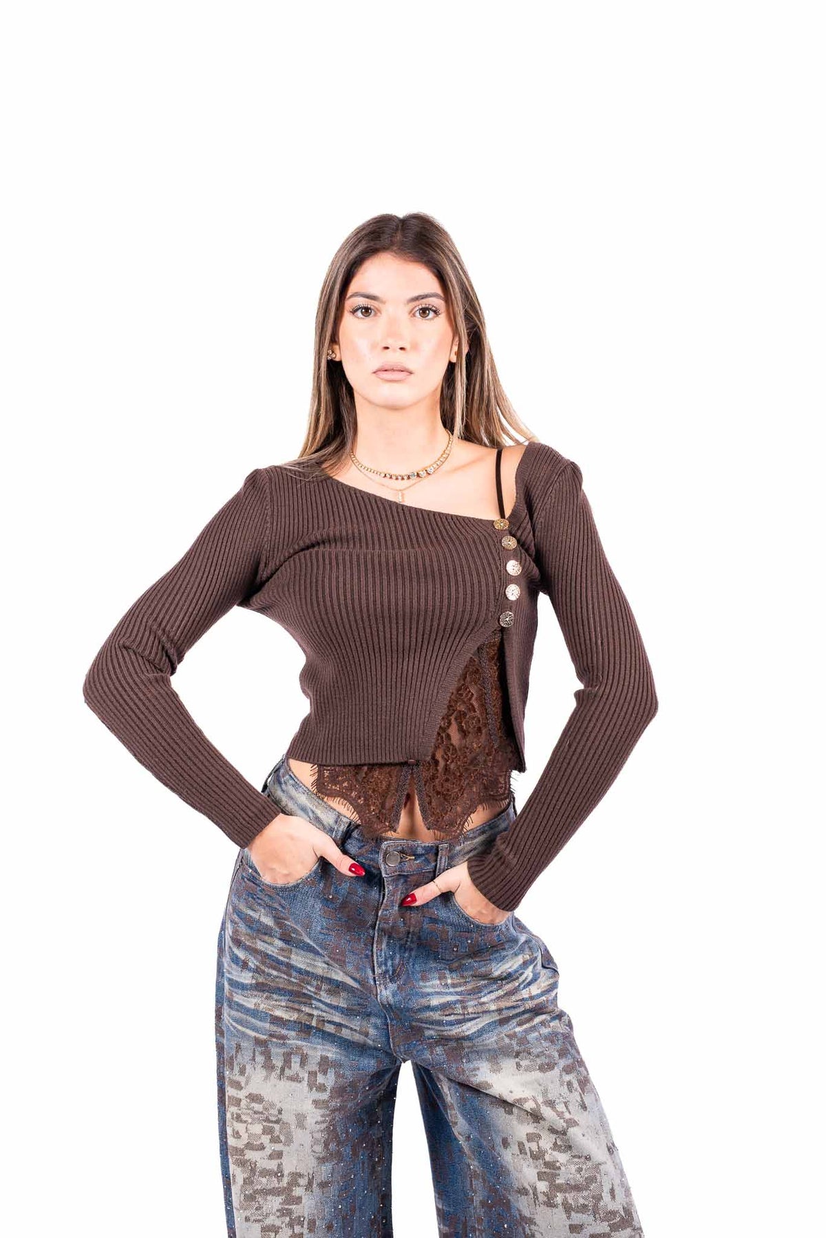 Maglia Asimmetrica Crop Cioccolato con Bottoni donna Miss love - 1
