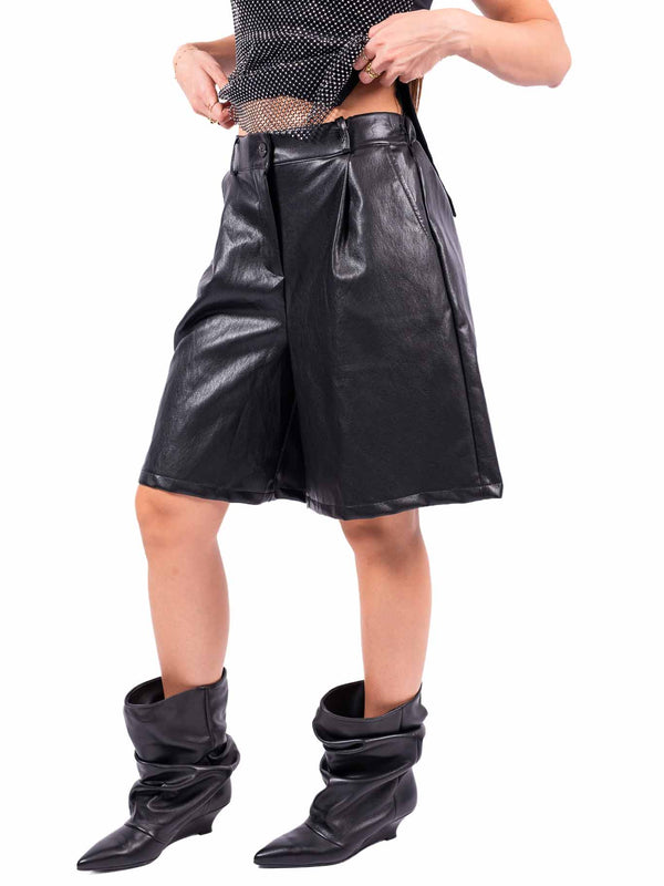 Bermuda Wide Leg in Ecopelle Nera da donna Miss love