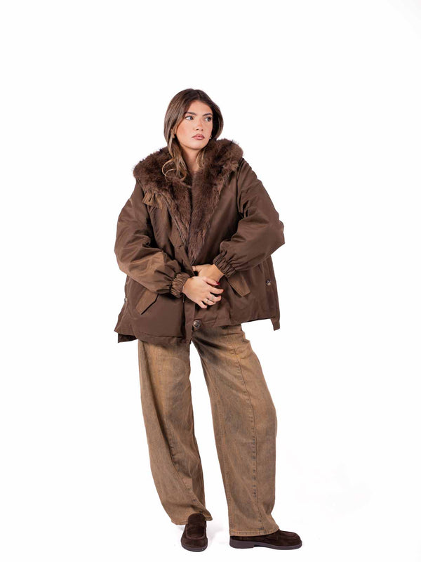 Parka Oversize Marrone con Ecopelliccia da donna Miss love