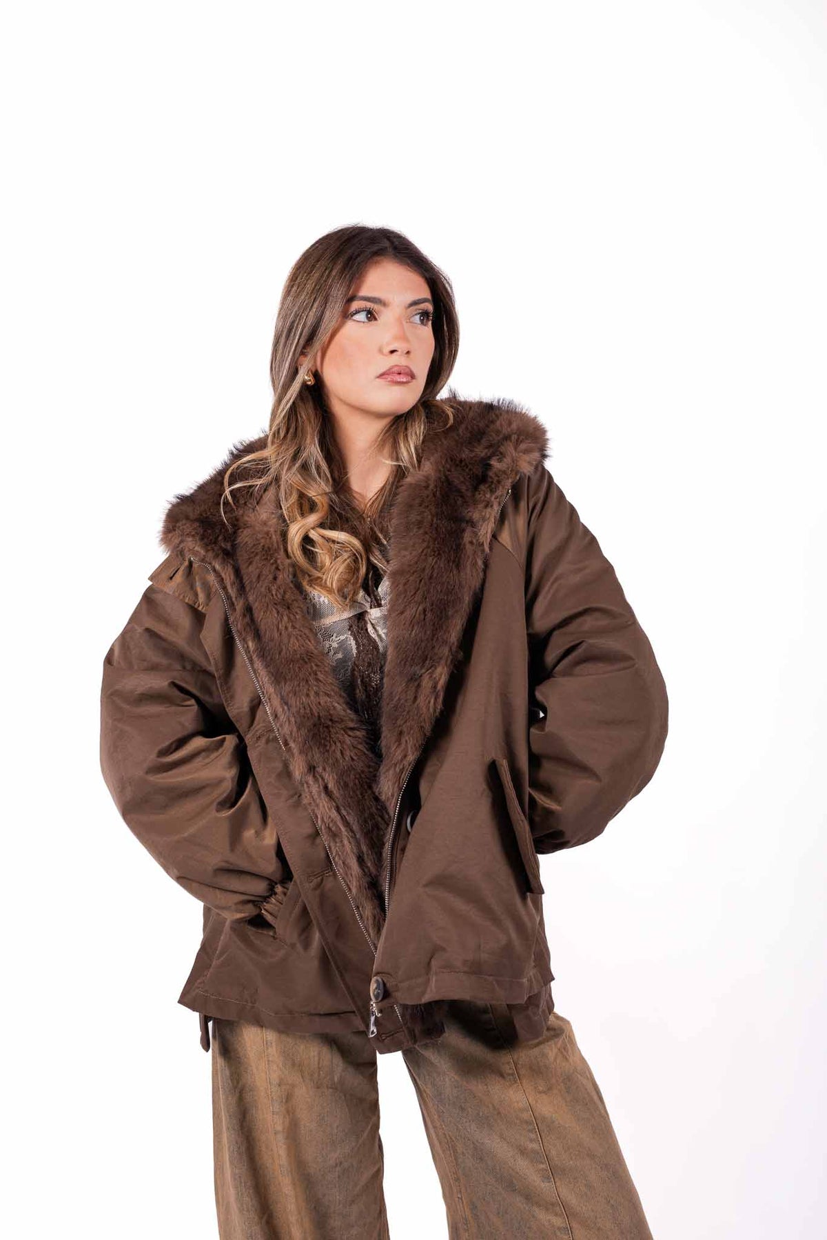 Parka Oversize Marrone con Ecopelliccia donna Miss love - 2