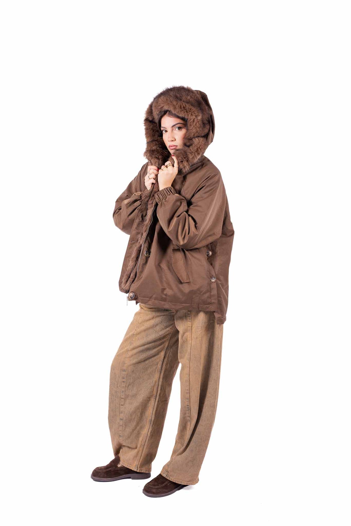 Parka Oversize Marrone con Ecopelliccia donna Miss love - 5