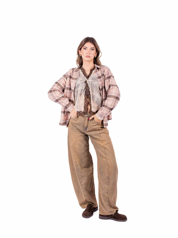 Camicia Oversize Tartan Rosa/Marrone da donna Miss love