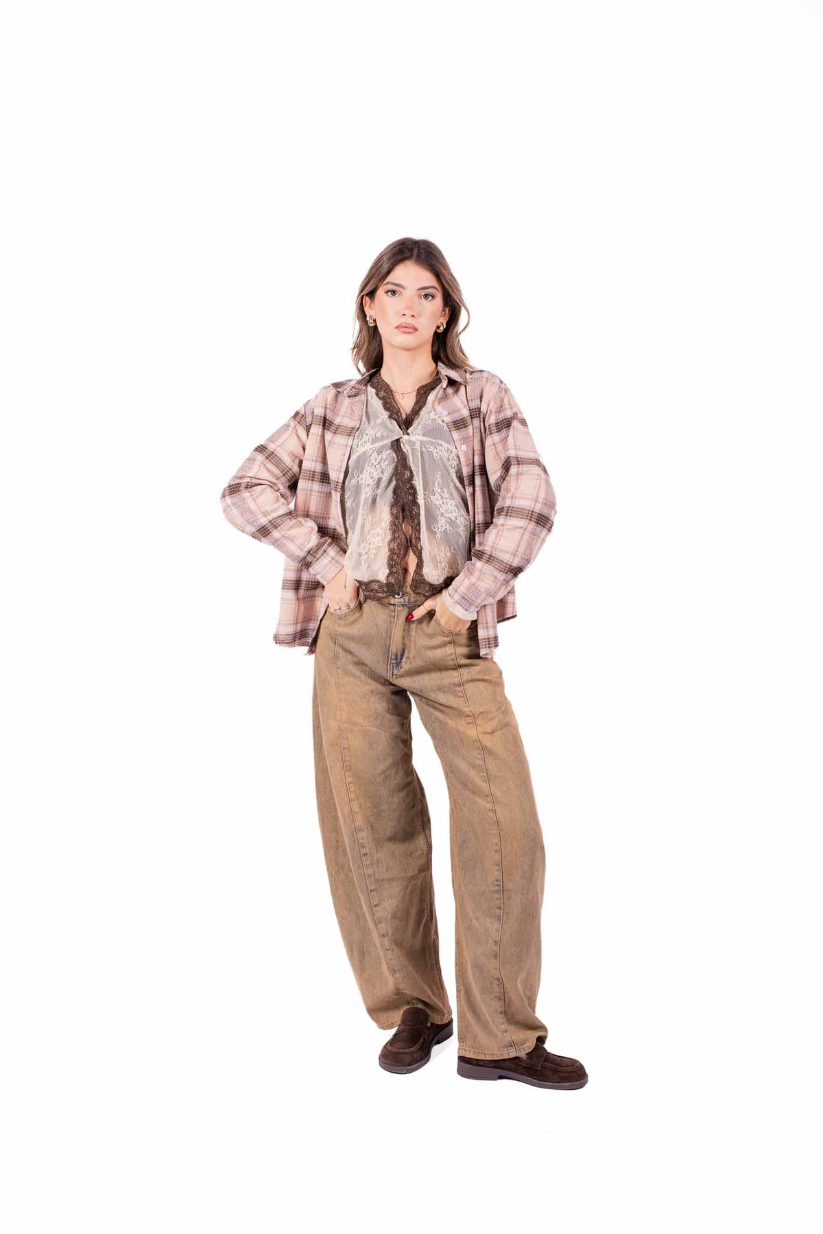 Camicia Oversize Tartan Rosa/Marrone donna Miss love - 1