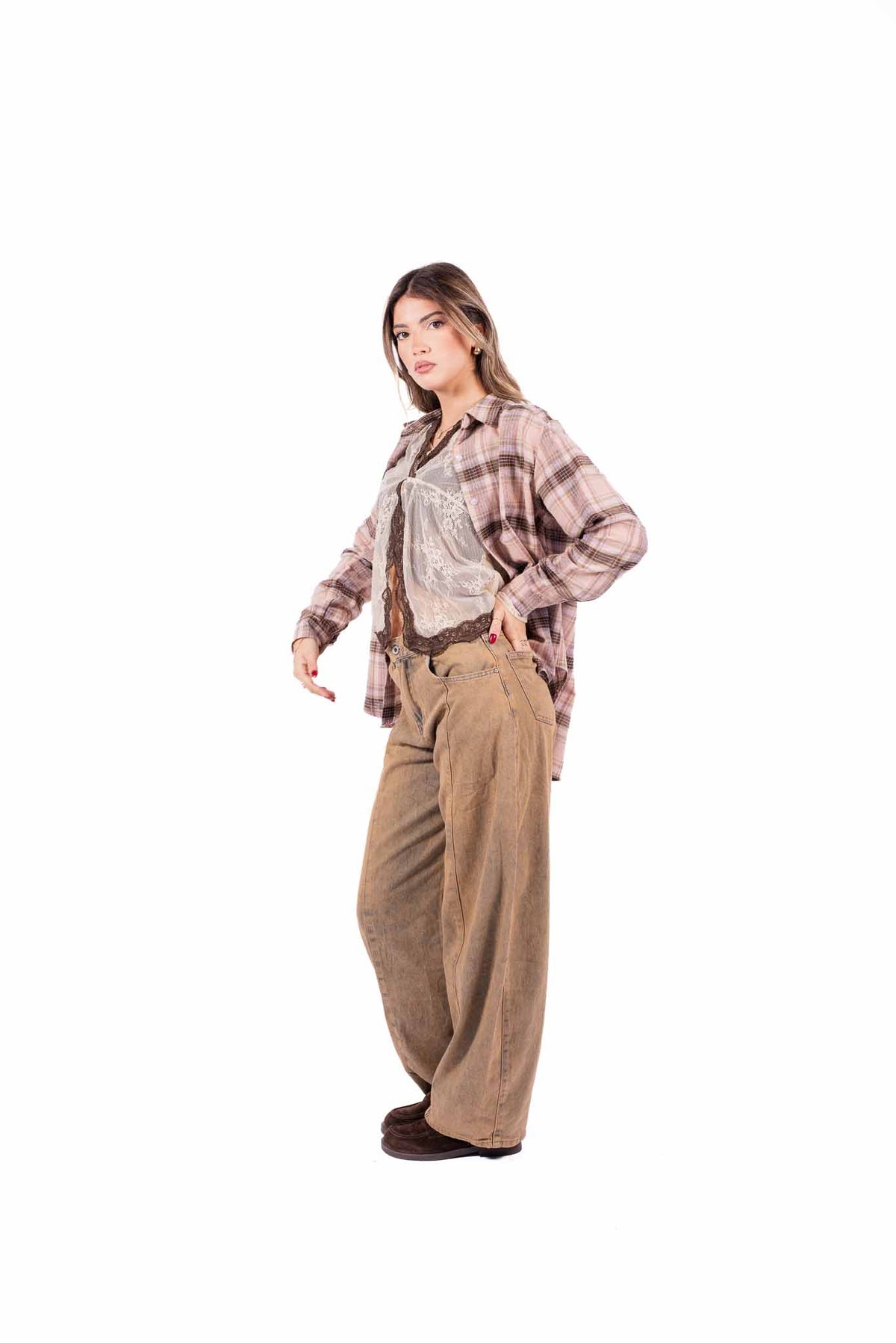 Camicia Oversize Tartan Rosa/Marrone donna Miss love - 3