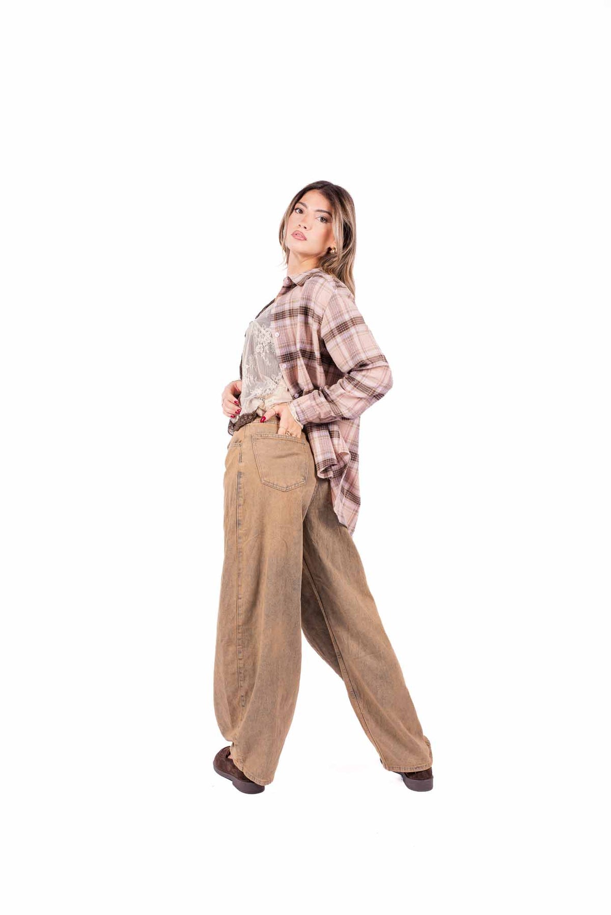 Camicia Oversize Tartan Rosa/Marrone donna Miss love - 4