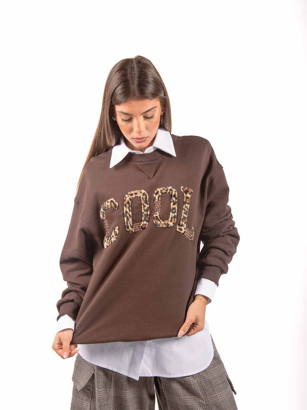 Felpa Oversize con Applicazione Leopardata Cioccolato da donna Tensione in