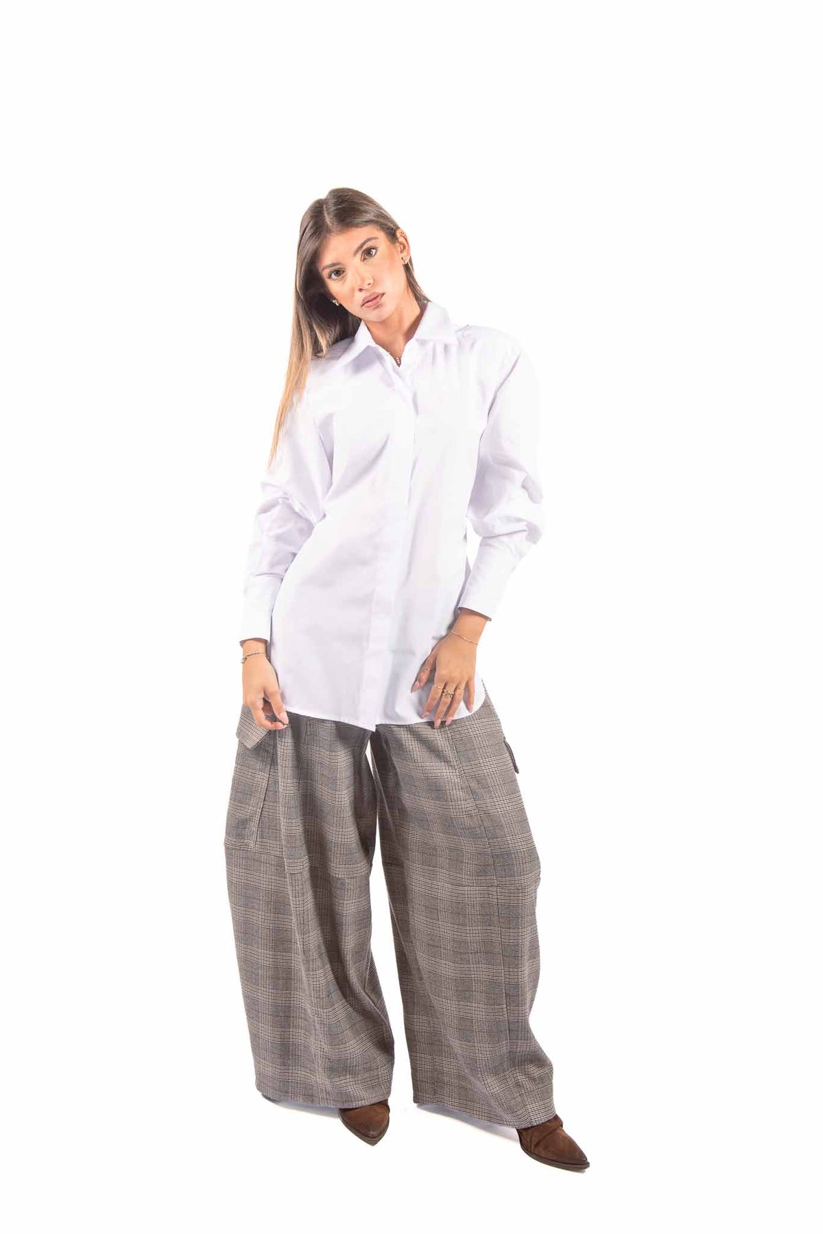 Pantaloni Cargo Barrel Fit a Quadri donna Tensione in - 5