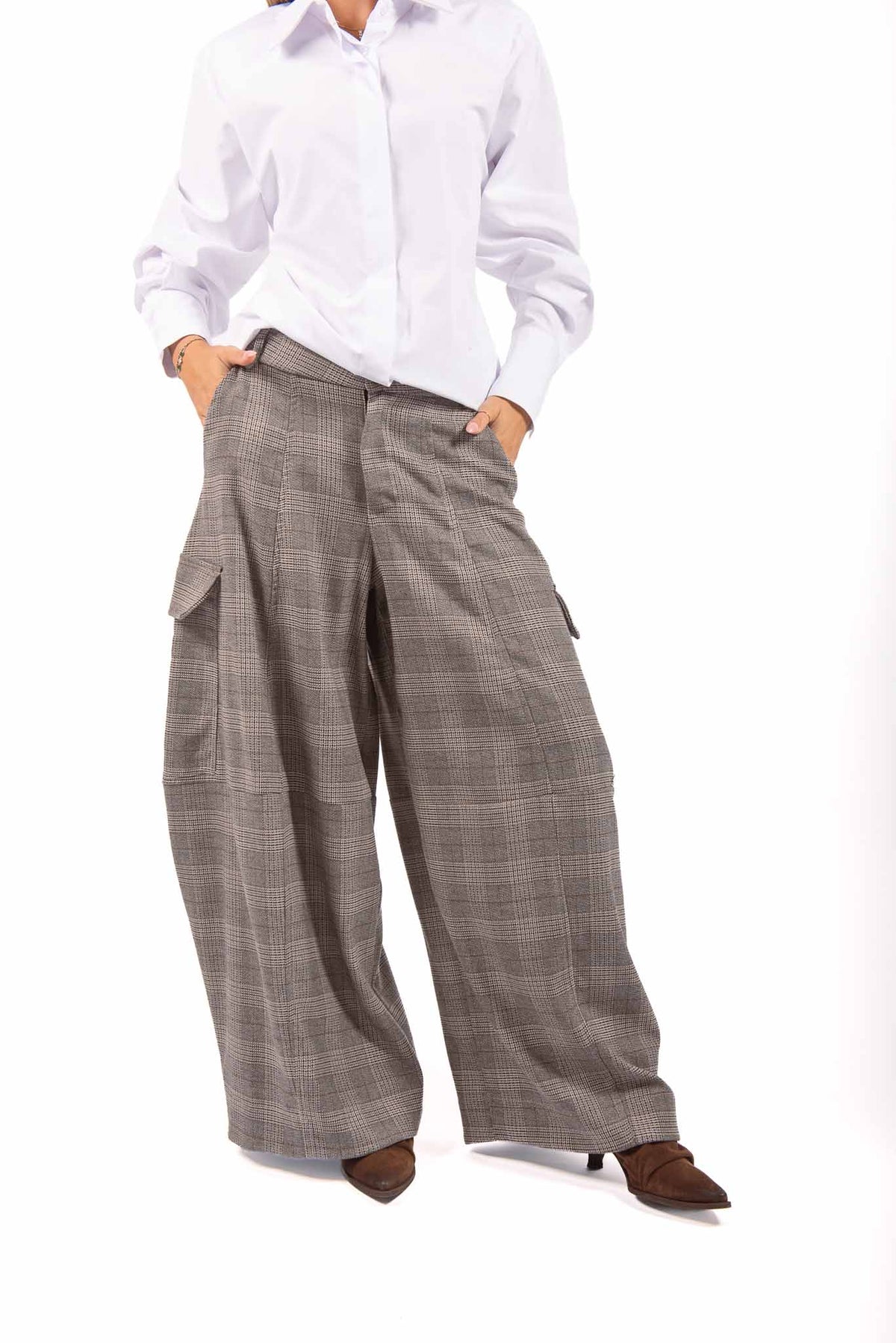 Pantaloni Cargo Barrel Fit a Quadri donna Tensione in - 1