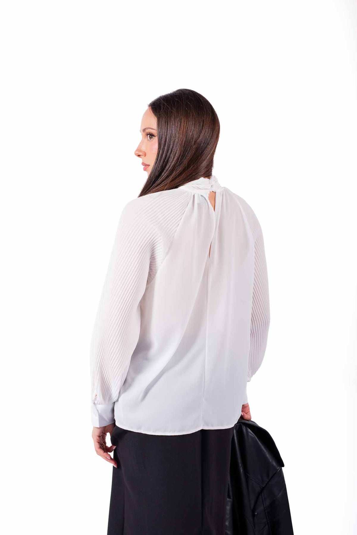 Blusa Bianca in Chiffon Plissè a Collo Alto donna Miss love - 5