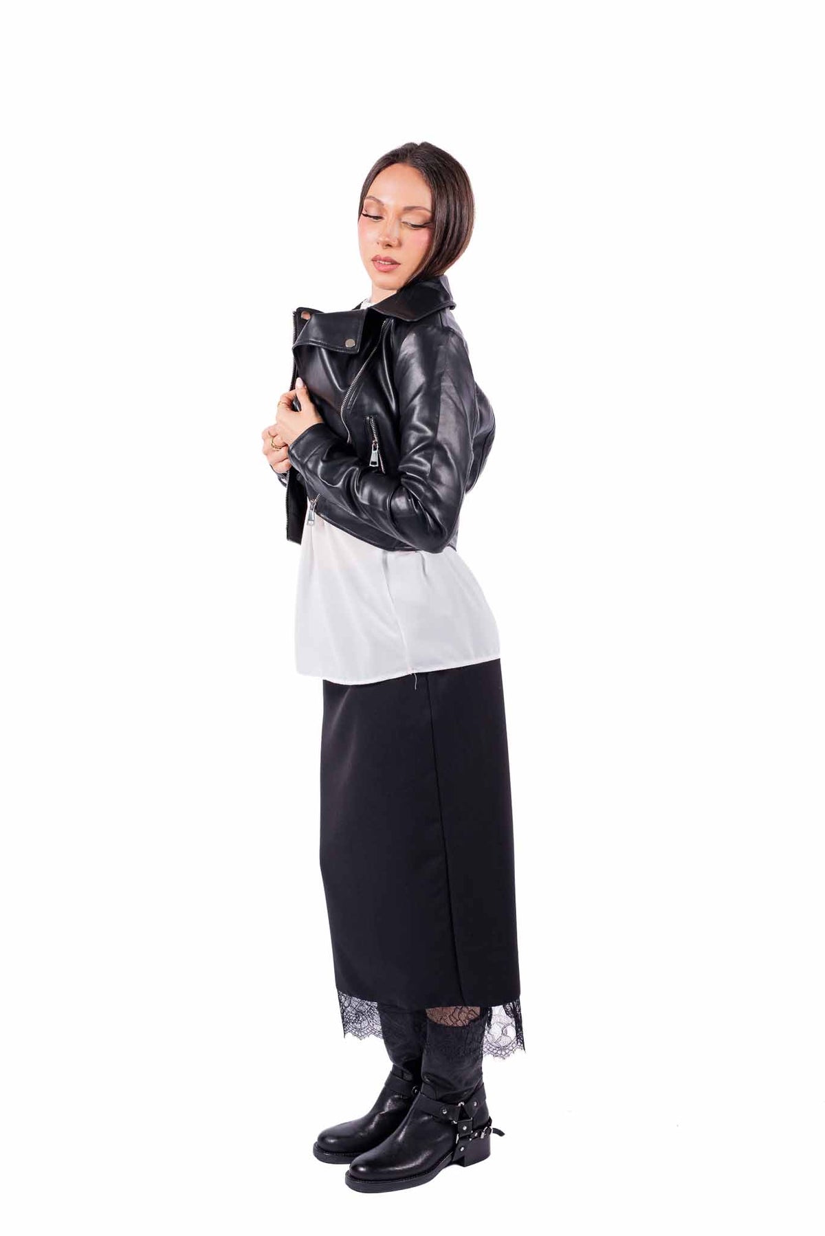 Giacca Biker Crop in Ecopelle Nera donna Miss love - 5